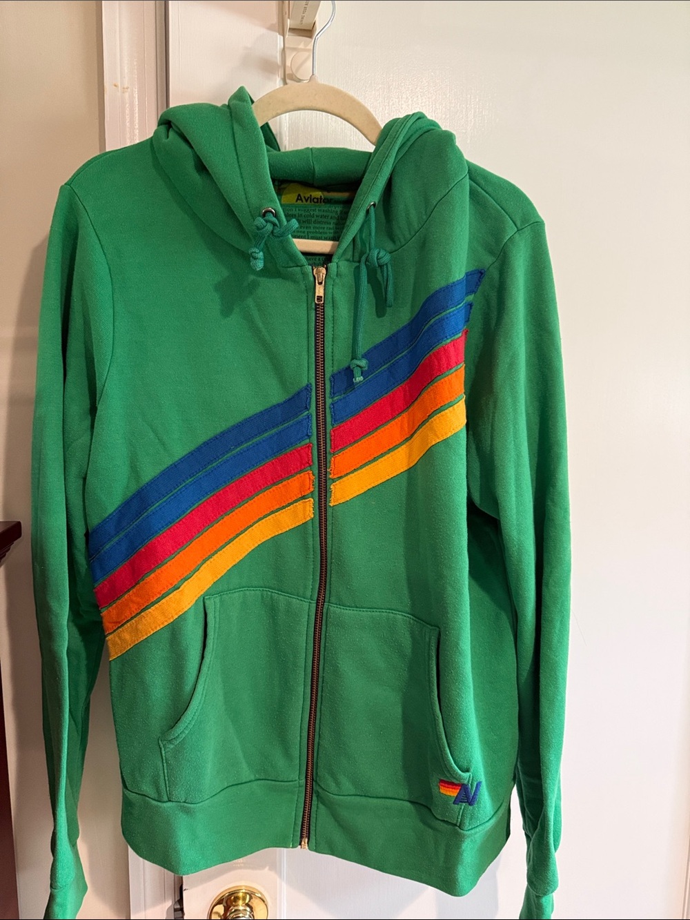 Aviator Nation Green Zip-Up Hoodie with Rainbow Stripes Fits S-L